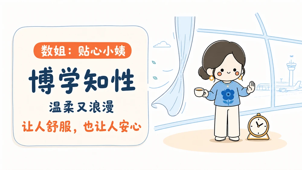 数姐，贴心小姐，博学知性、温柔又浪漫，文字在左、人物在右