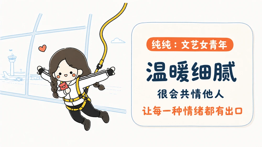 纯纯，文艺女青年，温暖细腻、很会共情他人，人物在左、文字在右