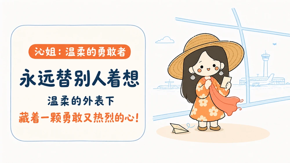 沁姐，温柔的勇敢者，永远替别人着想，文字在左、人物在右