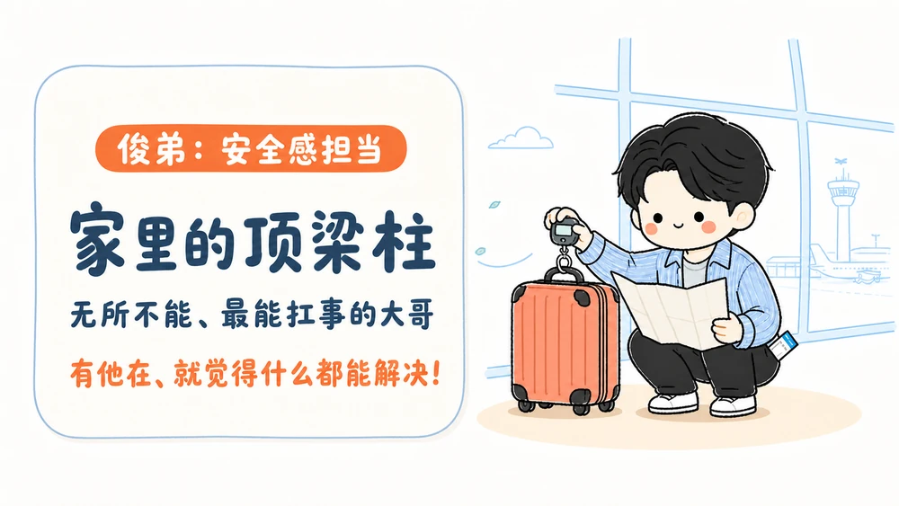 俊弟，安全感担当，家里的顶梁柱，文字在左、人物在右