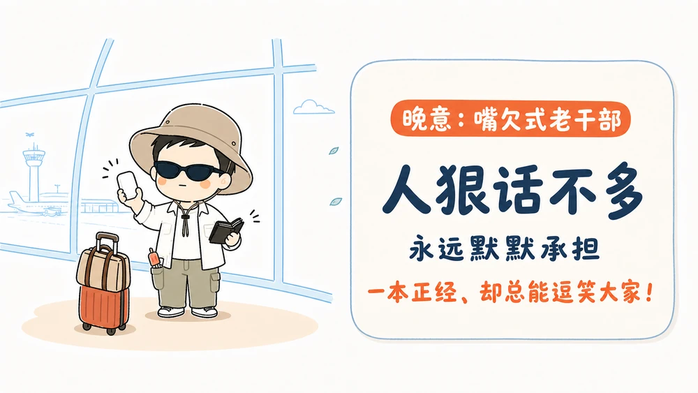 晚意，嘴欠式老干部，人狠话不多，人物在左、文字在右